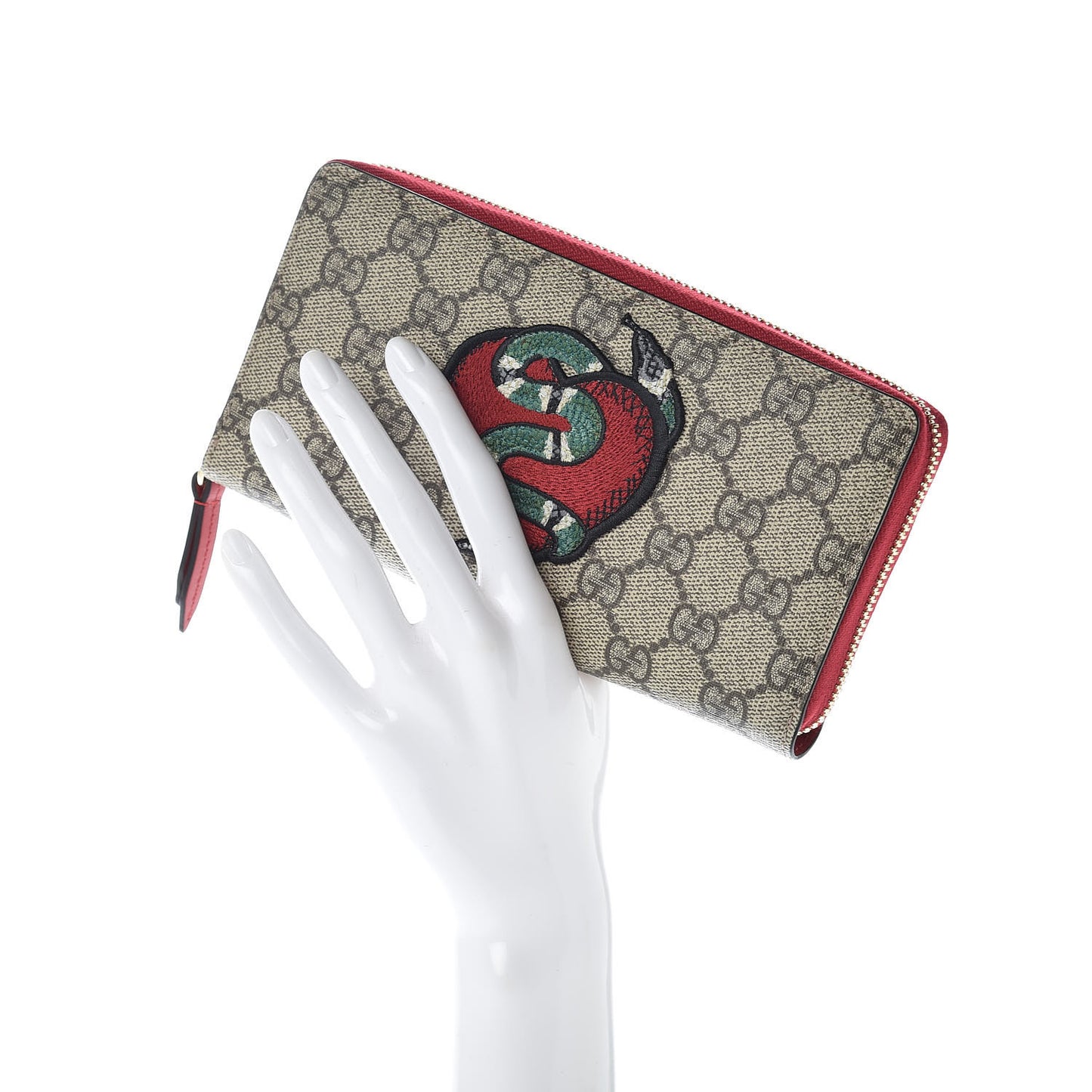 GG Supreme Monogram Kingsnake Heart Embroidered Zip Around Wallet Red