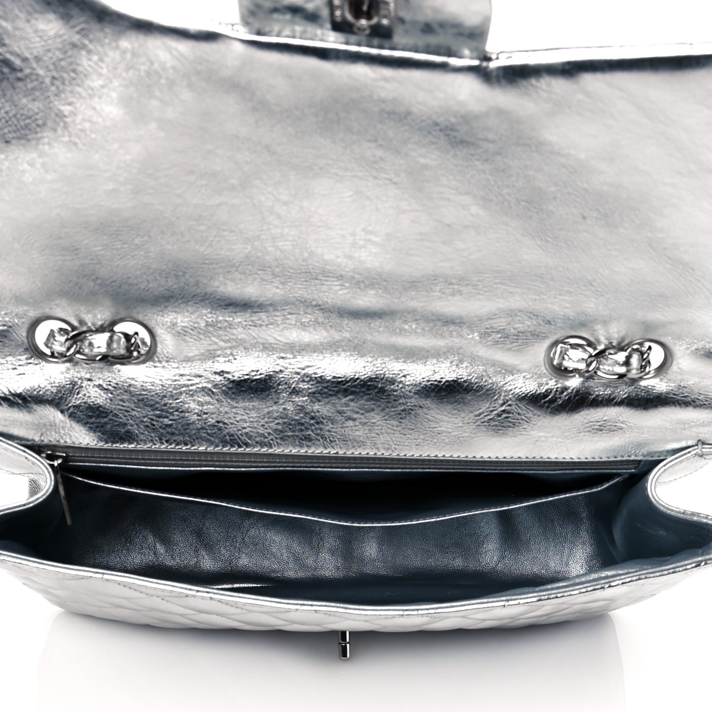 Metallic Aged Calfskin Quilted Jumbo Single Flap Silver