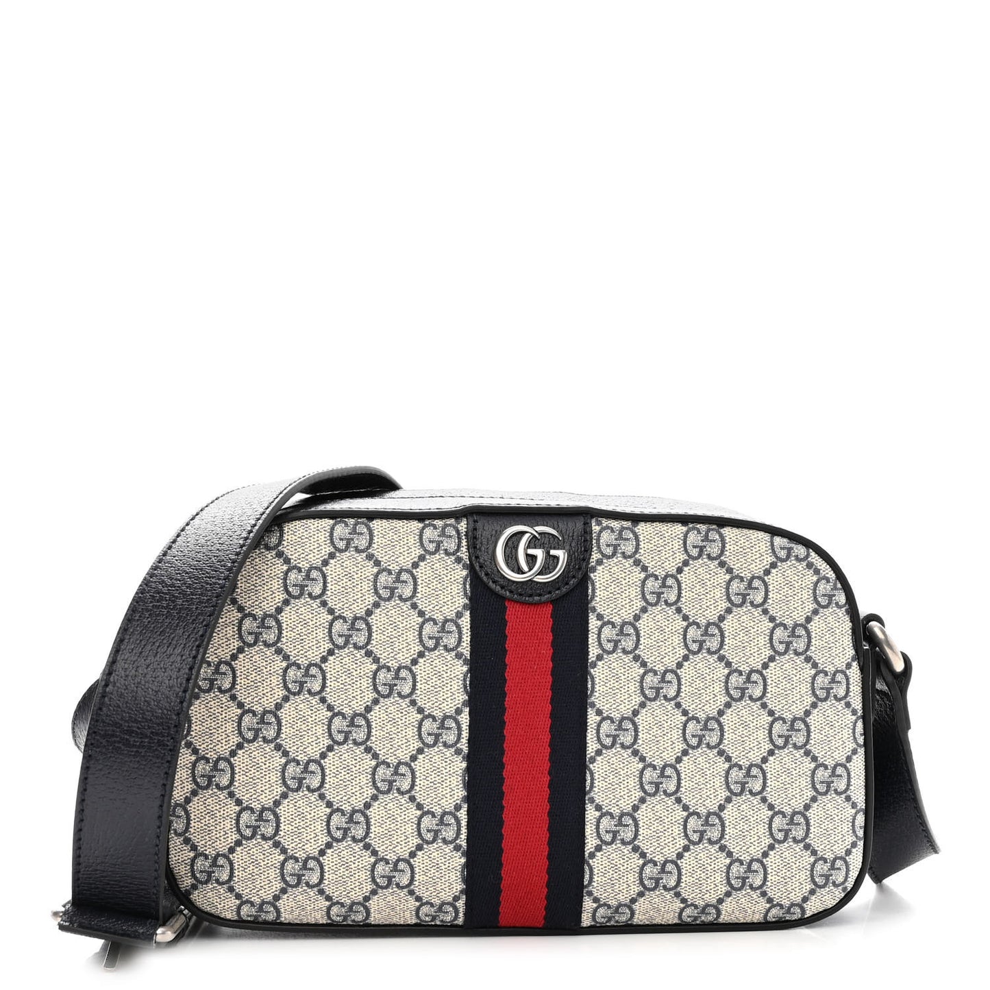 GG Supreme Monogram Textured Dollar Calfskin Web Small Ophidia Camera Bag Beige Blue