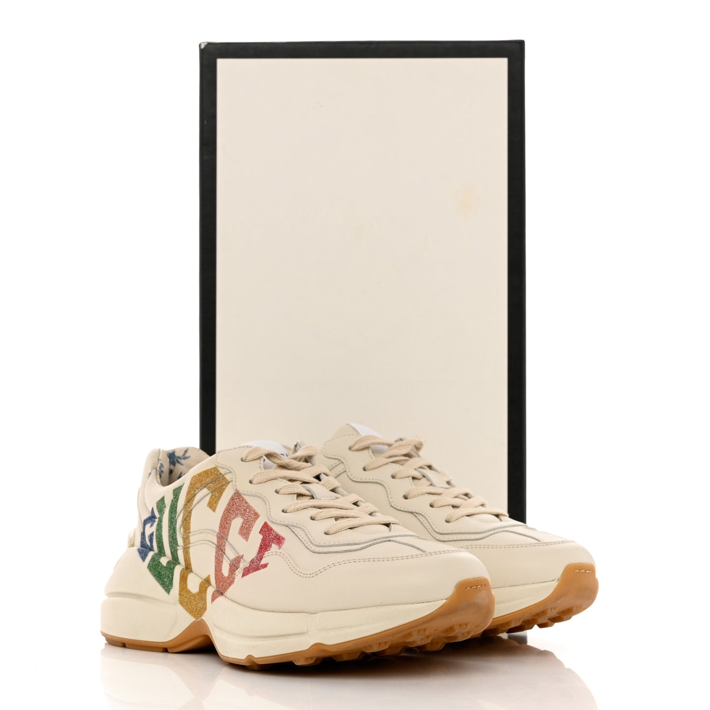 Calfskin Glitter Game Logo Womens Rhyton Sneakers 37 Mystic White