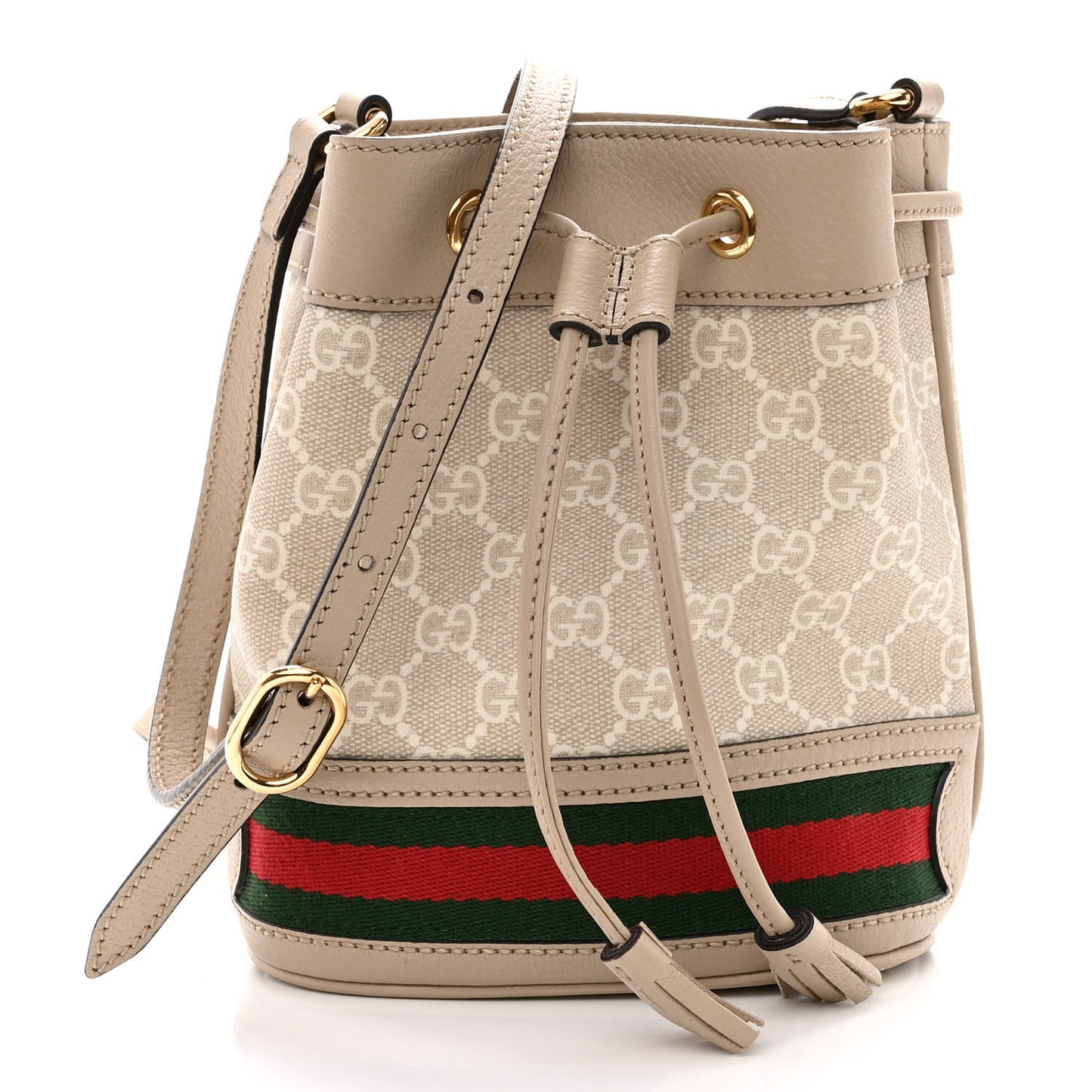 GG Supreme Monogram Textured Calfskin Web Mini Ophidia Bucket Bag Beige Mystic White Oatmeal