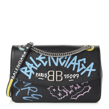 Balenciaga Grained Calfskin Graffiti M BB Round Shoulder Bag Black Multicolor 1 of 9