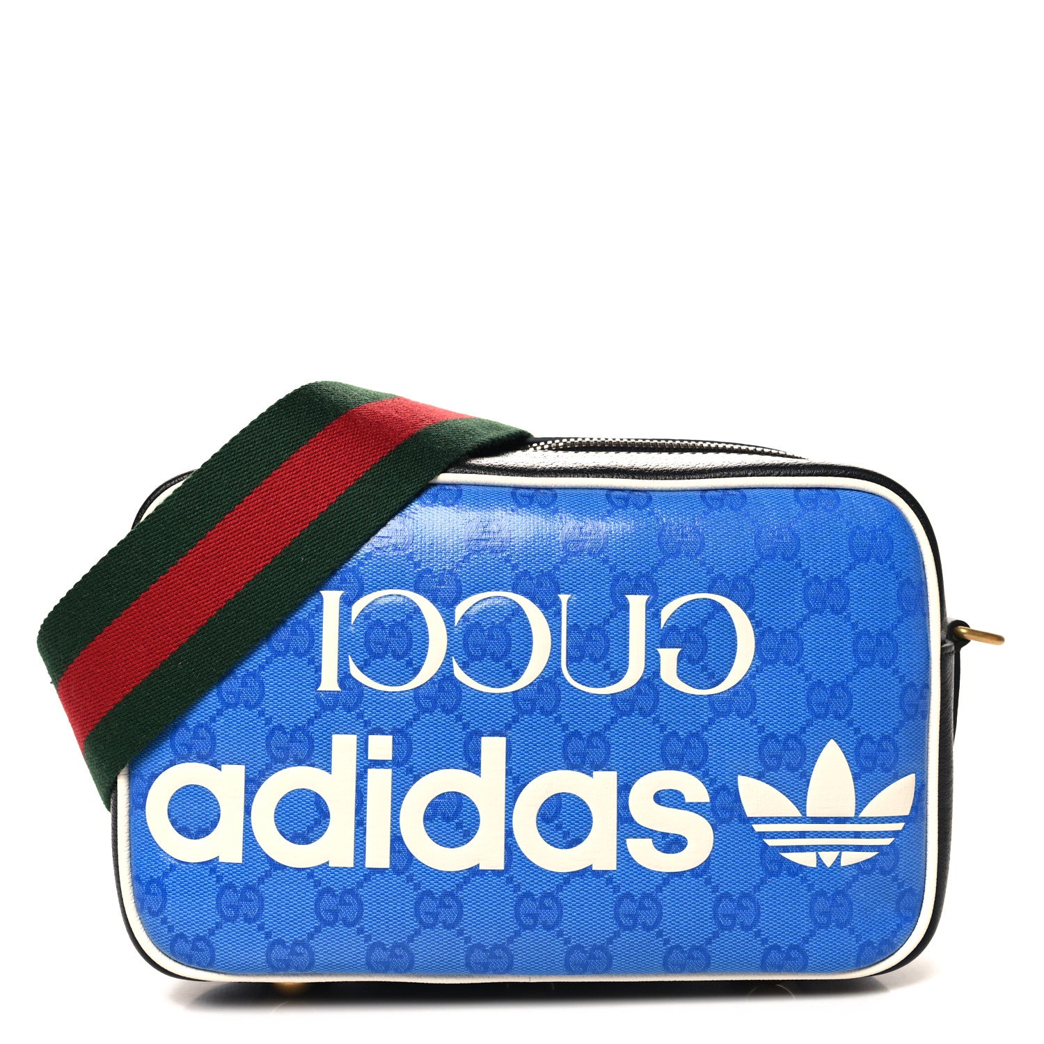 Gucci X ADIDAS Crystal Vintage Monogram Textured Dollar Calfskin Web Trefoil Logo Small Messenger Bag Bright Splash Off White Black 1 of 10