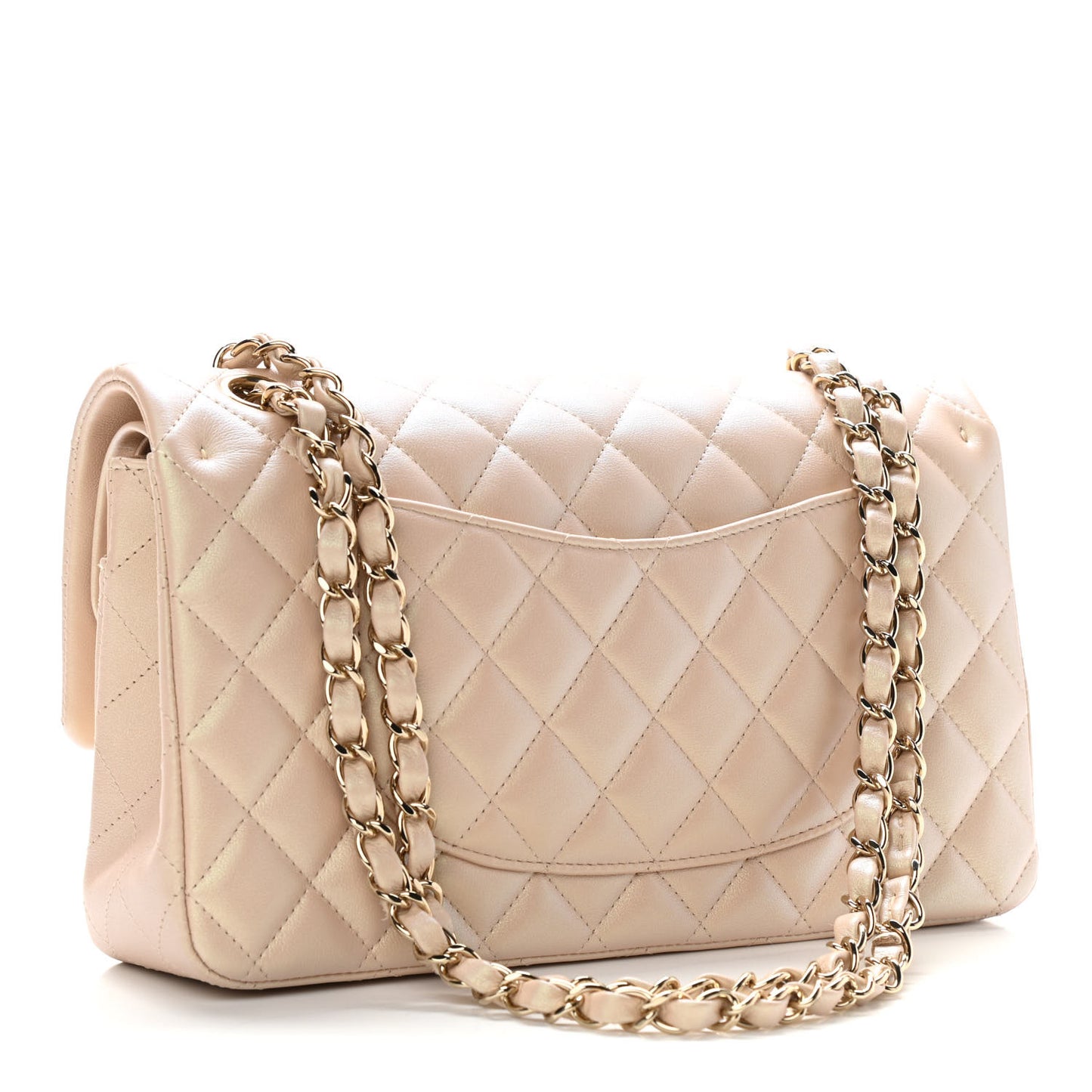 Iridescent Calfskin Quilted Medium Double Flap Beige