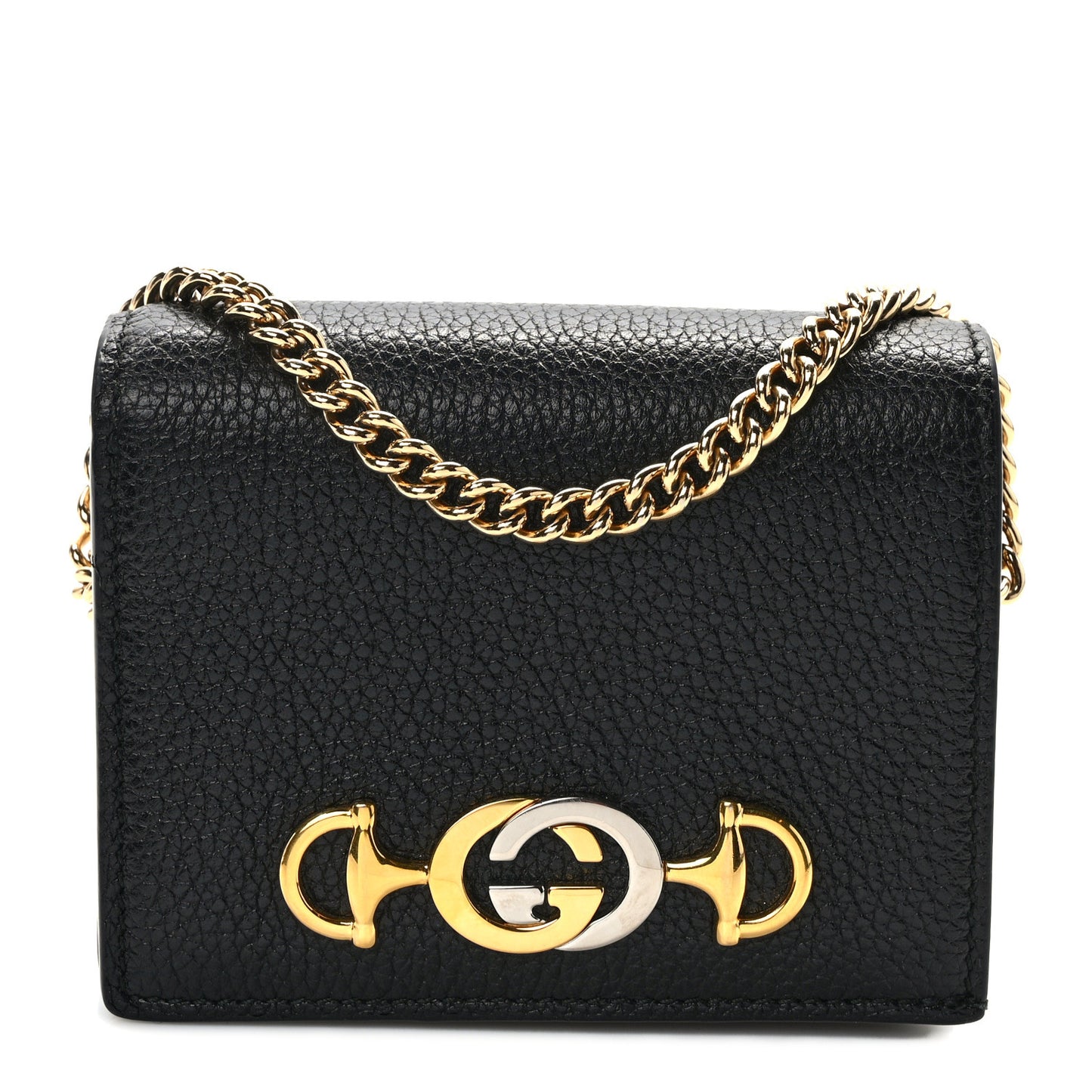 Grainy Calfskin Zumi Chain Card Case Wallet Black