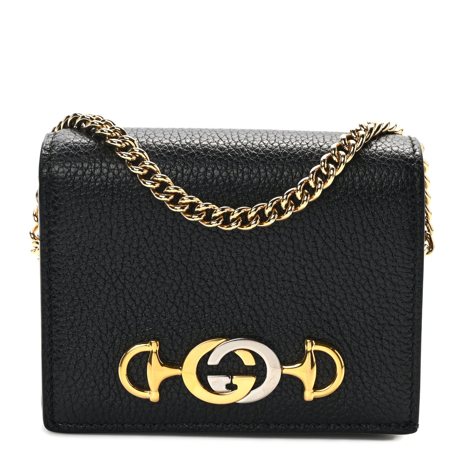 Gucci Grainy Calfskin Zumi Chain Card Case Wallet Black 1 of 7