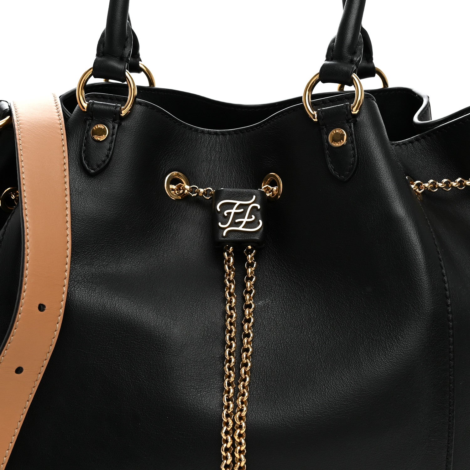 Fendi Vitello Grace King Karligraphy Chain Bucket Bag Black Bisquit 9 of 12