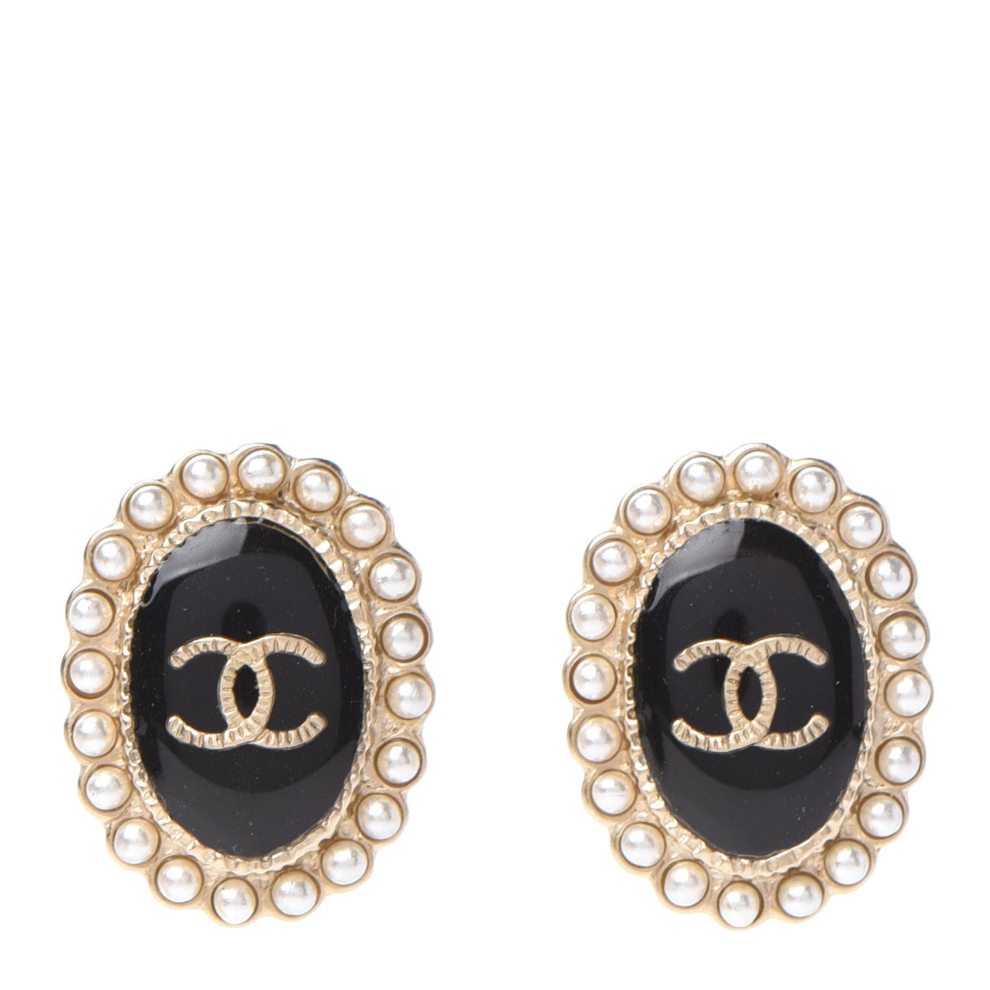 Pearl Enamel CC Oval Earrings Gold Black