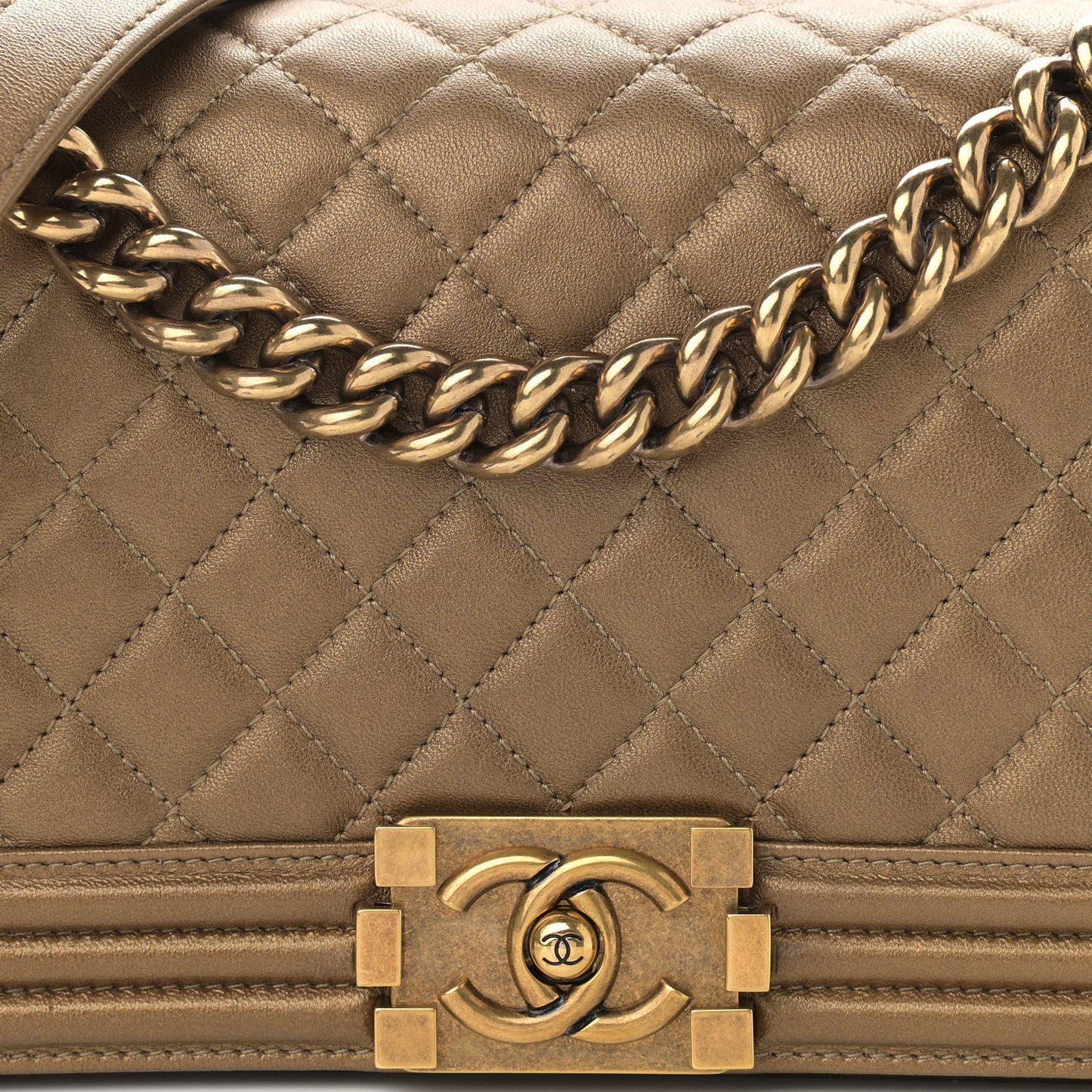 Metallic Lambskin Quilted Medium Boy Flap Dark Gold