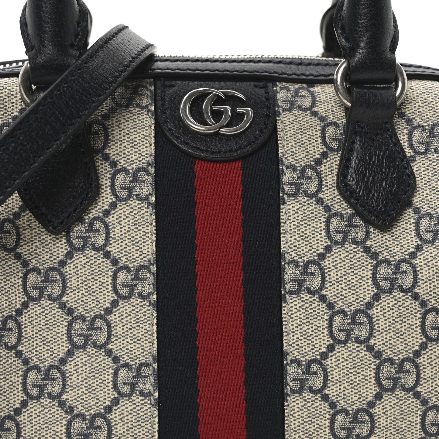 GG Supreme Monogram Textured Dollar Calfskin Web Mini Ophidia Top Handle Bag Beige Blue