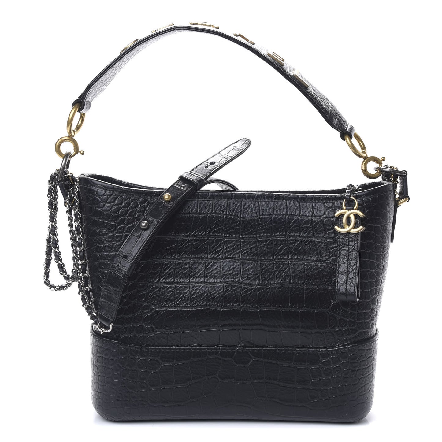 Crocodile Embossed Calfskin Medium Gabrielle Cocodile Hobo Black