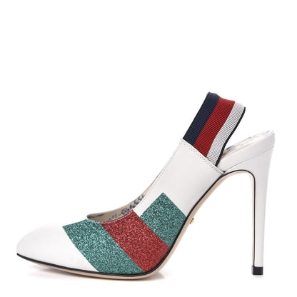 Gucci Calfskin Glitter Web High Heel Slingback Pumps 35 White 1 of 10