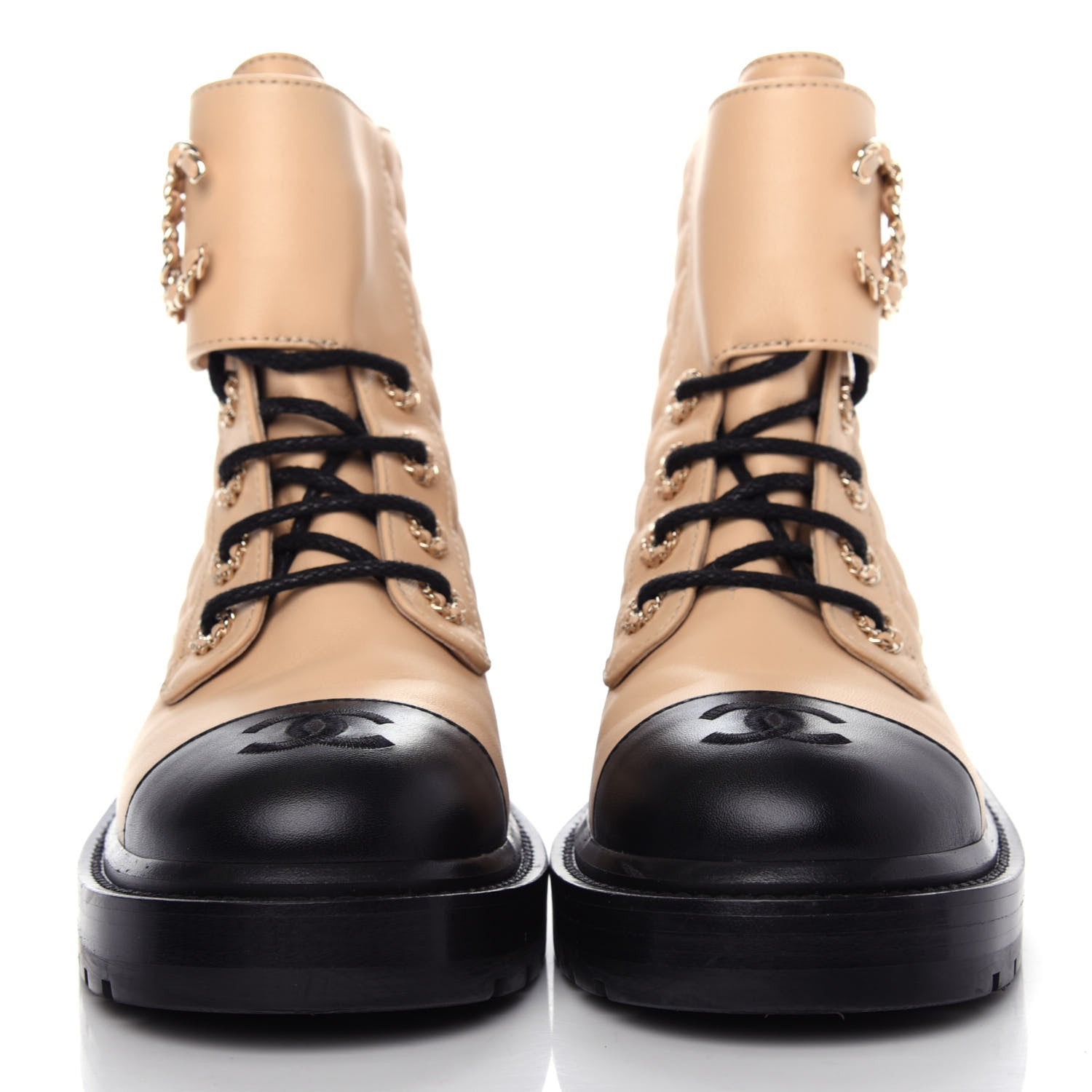 Chanel Lambskin Calfskin Quilted Lace Up Combat Boots 36.5 Beige Black 2 of 13