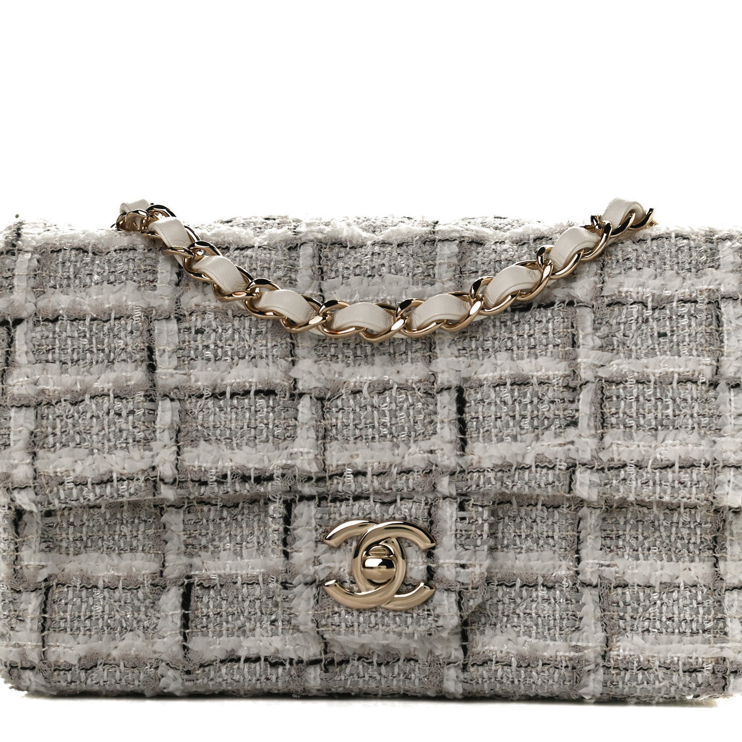 Tweed Quilted Mini Rectangular Flap White Grey