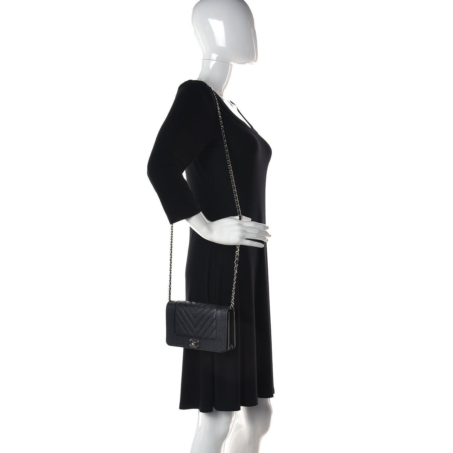 Chanel Metallic Caviar Chevron Quilted Vintage Mademoiselle Wallet On Chain WOC Charcoal 2 of 12