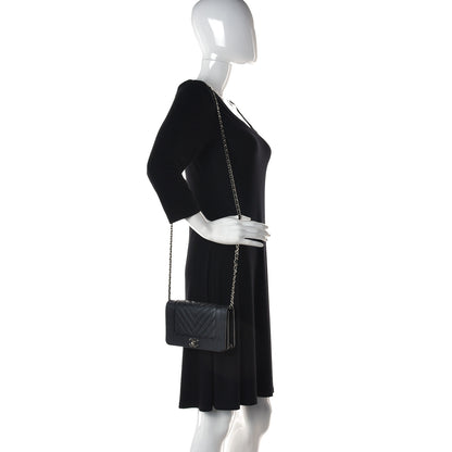 Chanel Metallic Caviar Chevron Quilted Vintage Mademoiselle Wallet On Chain WOC Charcoal 2 of 12