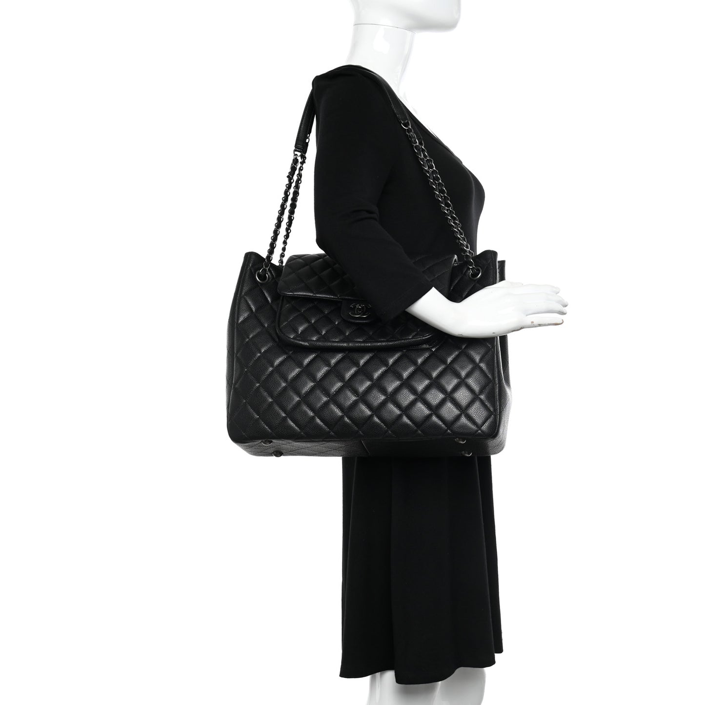 Caviar Quilted Flap Tote Black