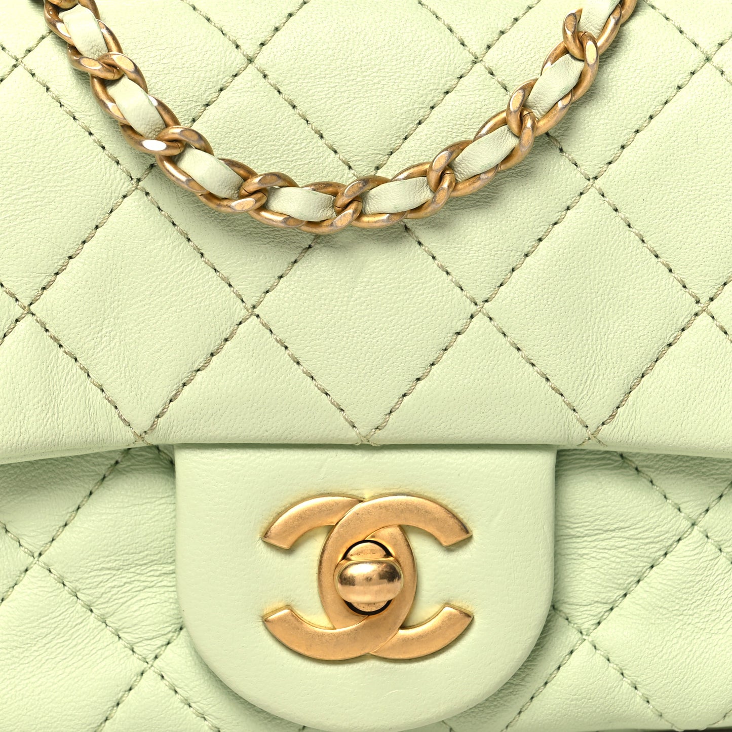 Lambskin Quilted Mini Rectangular Pearl Crush Flap Light Green
