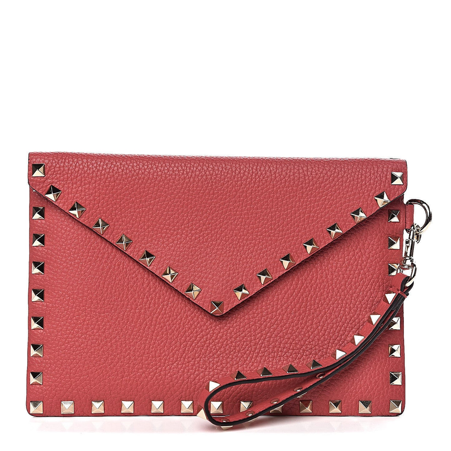 Pebbled Calfskin Medium Rockstud Envelope Flat Wristlet Pouch Red