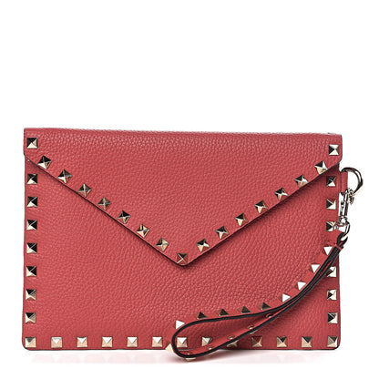 Valentino Garavani Pebbled Calfskin Medium Rockstud Envelope Flat Wristlet Pouch Red 1 of 7