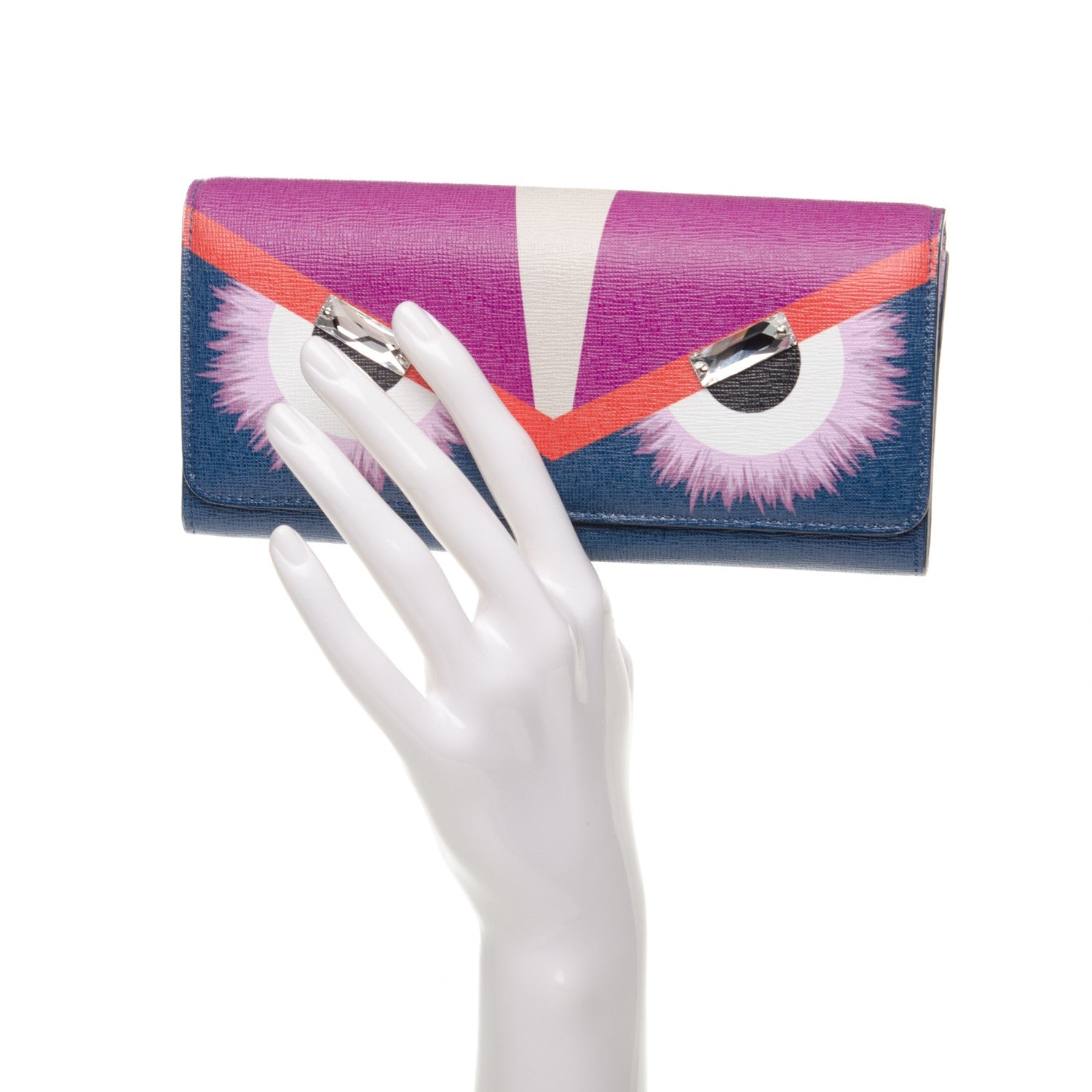 Fendi Vitello Elite Crystal Eye Monster Continental Wallet Cobalt Lavender Pink 2 of 9