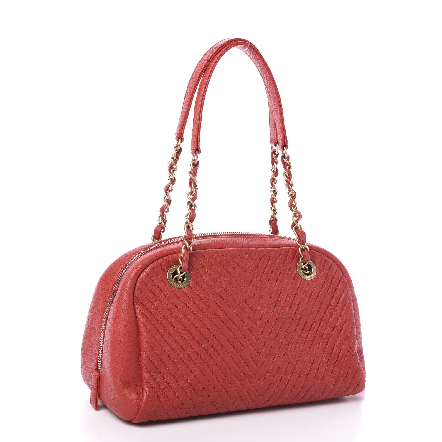 Chanel Wrinkled Lambskin Chevron Quilted Surpique Bowler Red 2 of 9