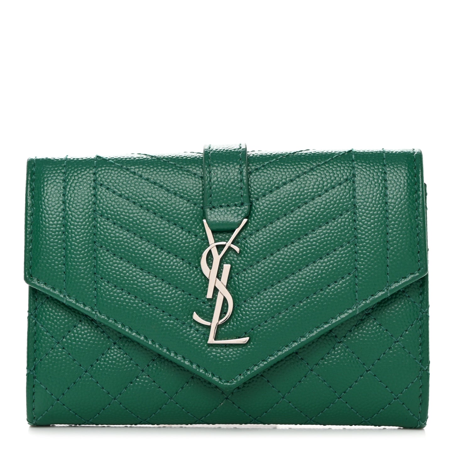 Grain De Poudre Textured Mixed Matelasse Triquilt Small Monogram Envelope Wallet Green