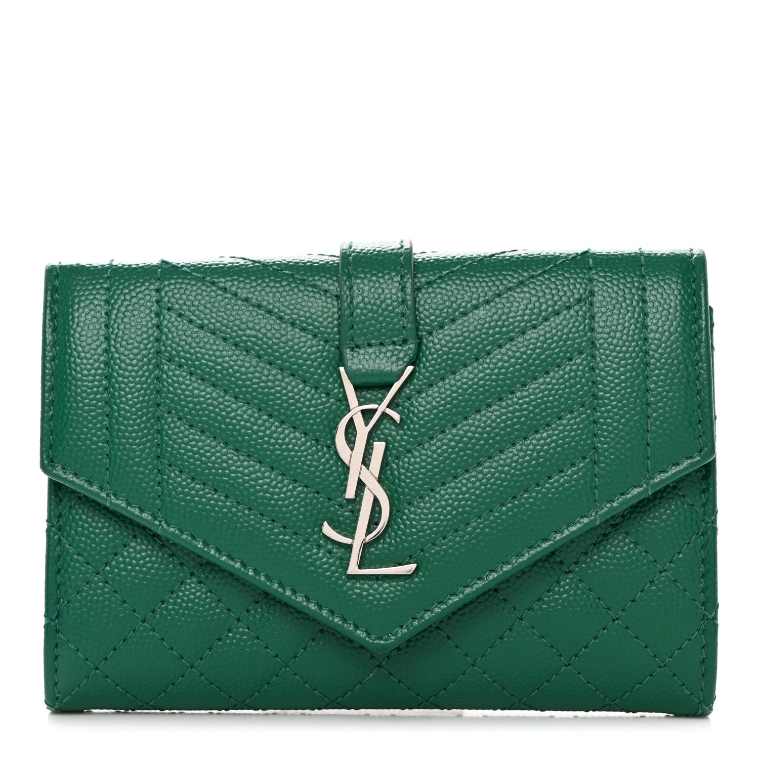 Saint Laurent Grain De Poudre Textured Mixed Matelasse Triquilt Small Monogram Envelope Wallet Green 1 of 8