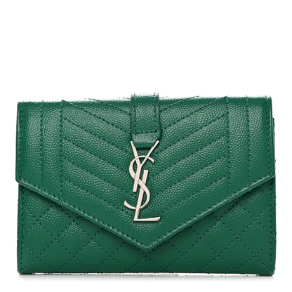 Saint Laurent Grain De Poudre Textured Mixed Matelasse Triquilt Small Monogram Envelope Wallet Green 1 of 8