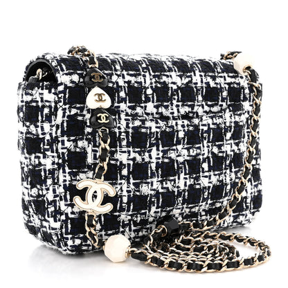 Chanel Tweed Resin Quilted Mini Heart Square Flap Navy White Black 5 of 11