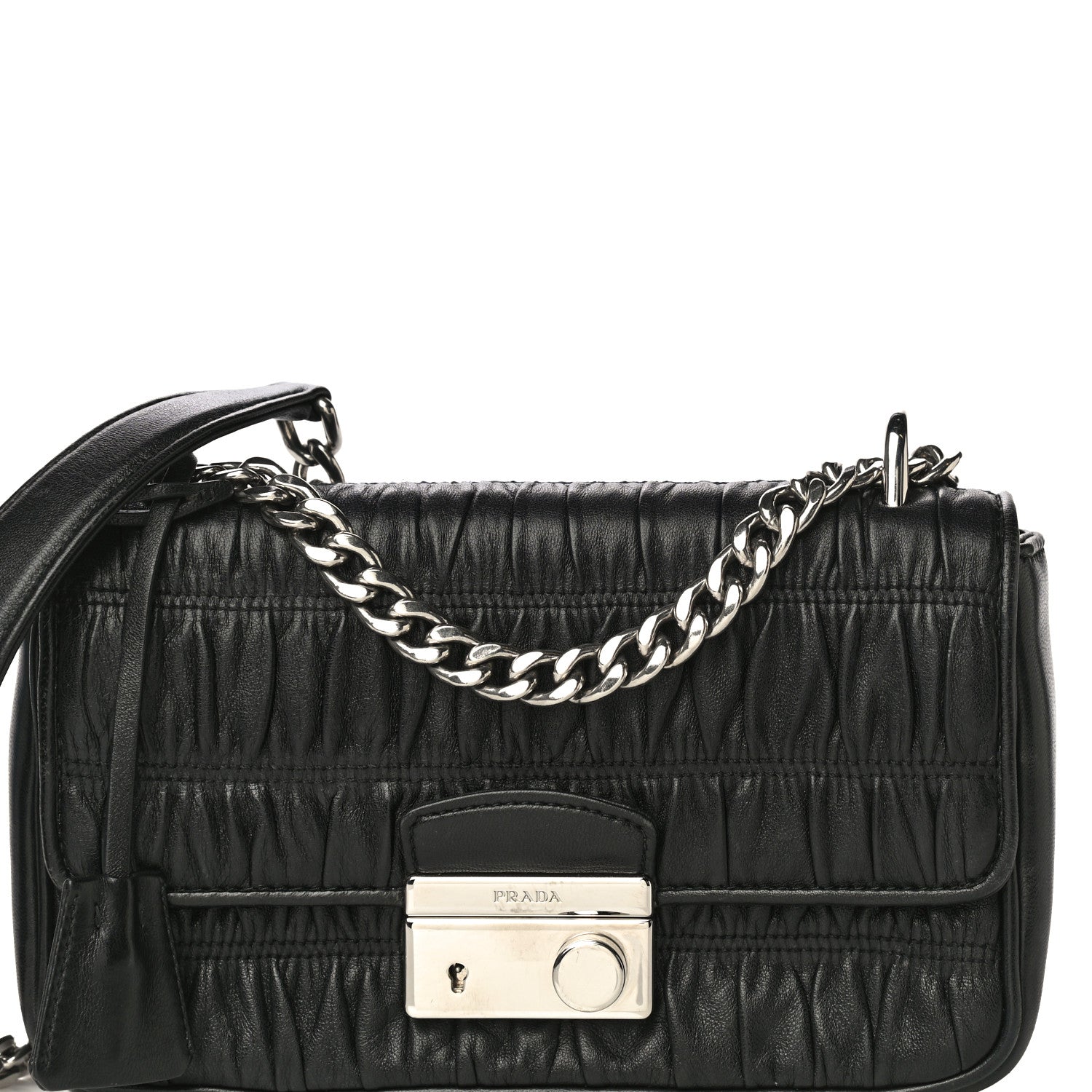 Prada Nappa Gaufre Small Sound Chain Flap Shoulder Bag Black 7 of 14