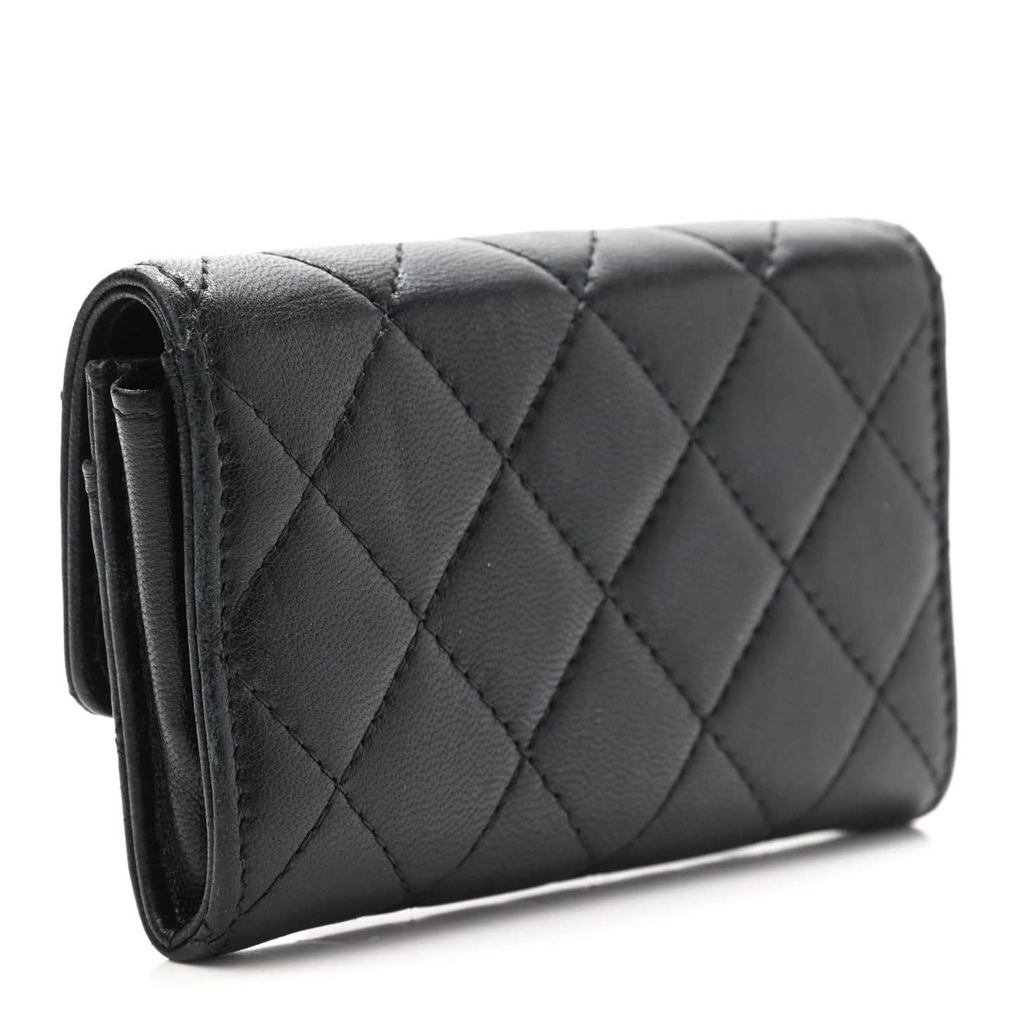 Lambskin Quilted CC Button Flap Card Holder Black
