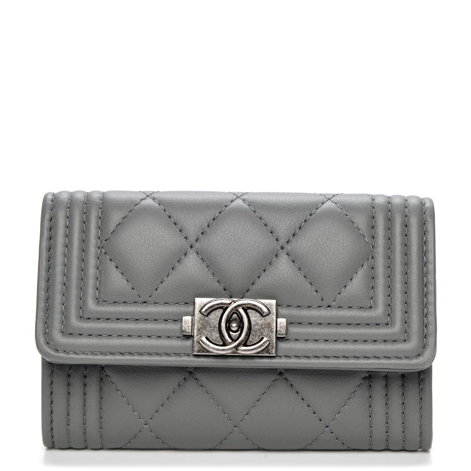 Chanel Calfskin Quilted Boy Card Holder Wallet Grey 1 of 8