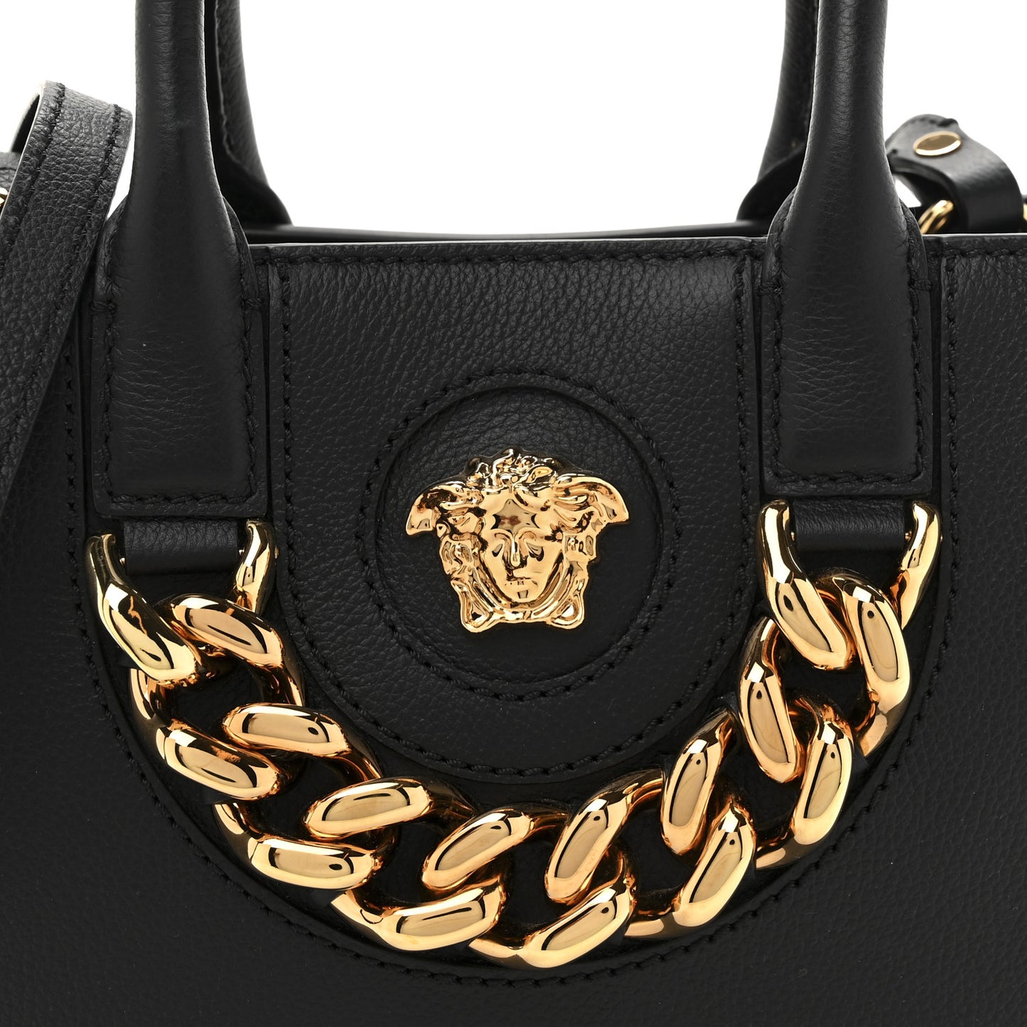 Grained Calfskin Small La Medusa Chain Convertible Tote Black