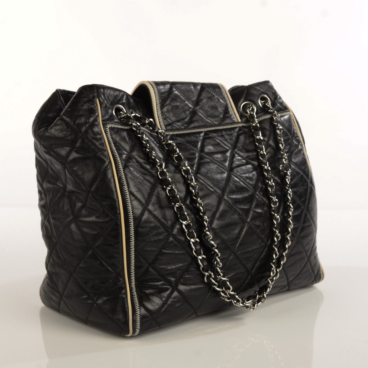 Lambskin Large North South Accordion Tote Black