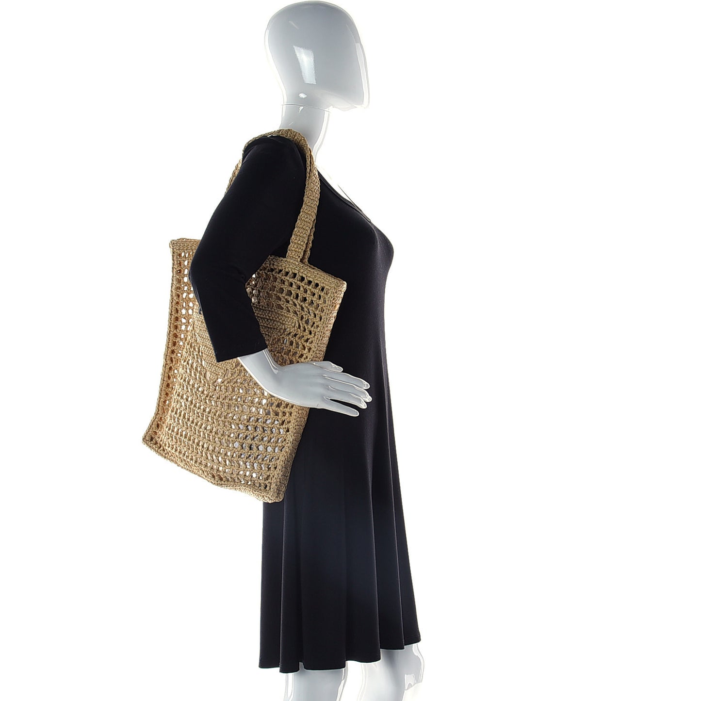 Yarn Raffia Effect Crochet Logo Embroidered Tote Bag Naturale