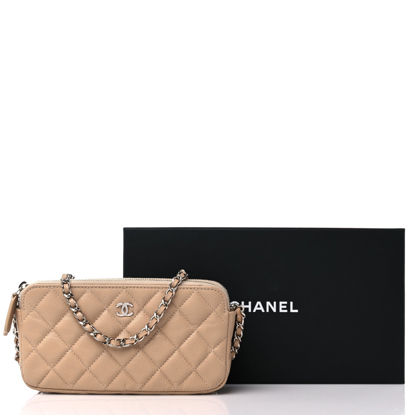 Caviar Quilted Small Clutch With Chain Beige