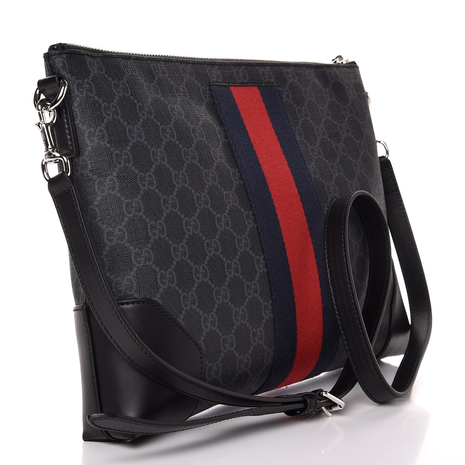 Gucci Soft GG Supreme Monogram Appia Calfskin Web East West Messenger Bag Black Grey 3 of 8