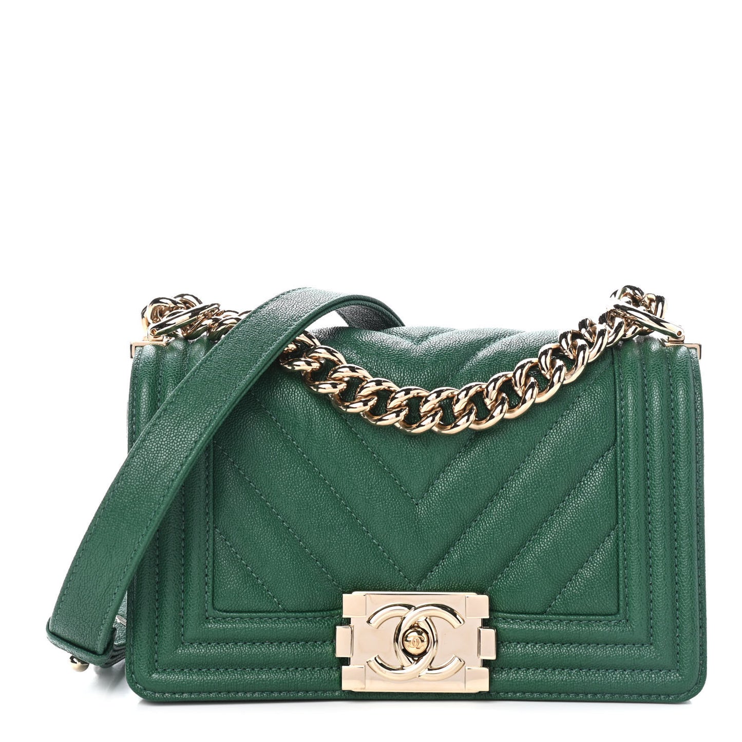 Caviar Chevron Quilted Small Boy Flap Green