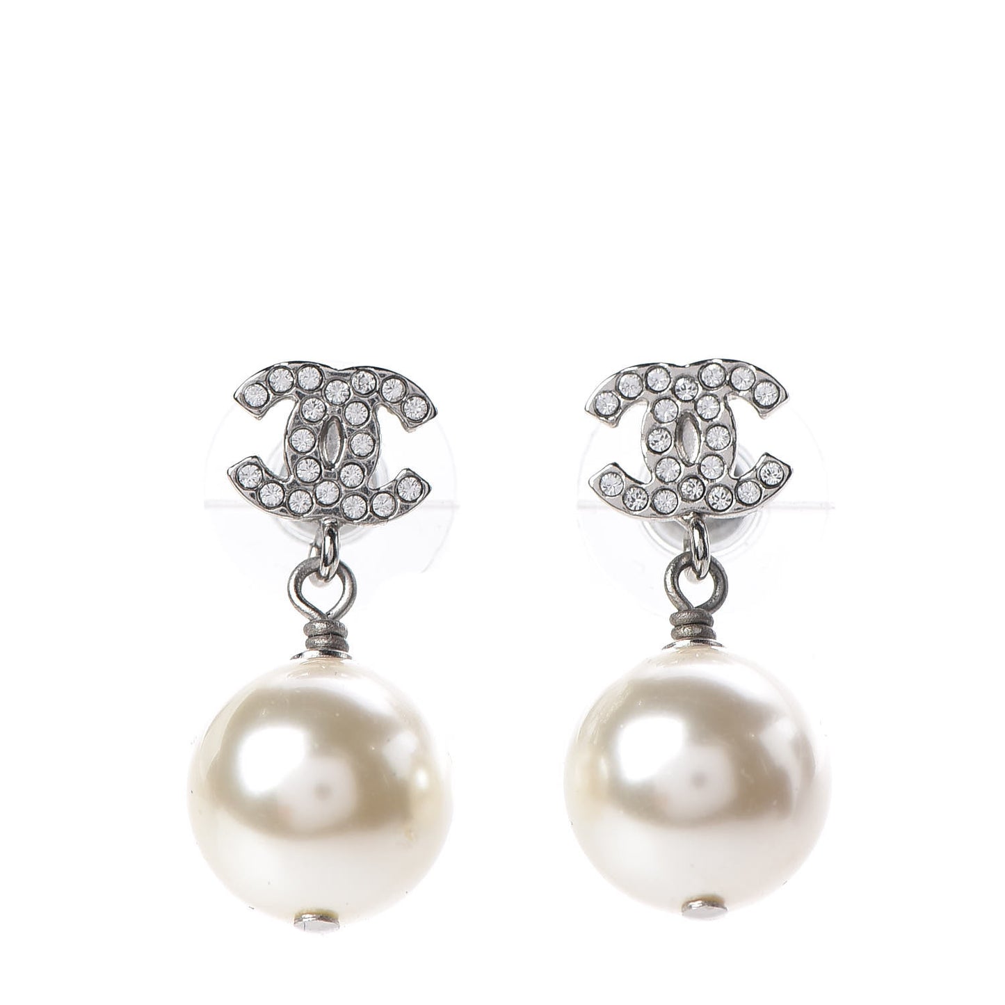 Crystal Pearl CC Drop Earrings Silver Pearly White