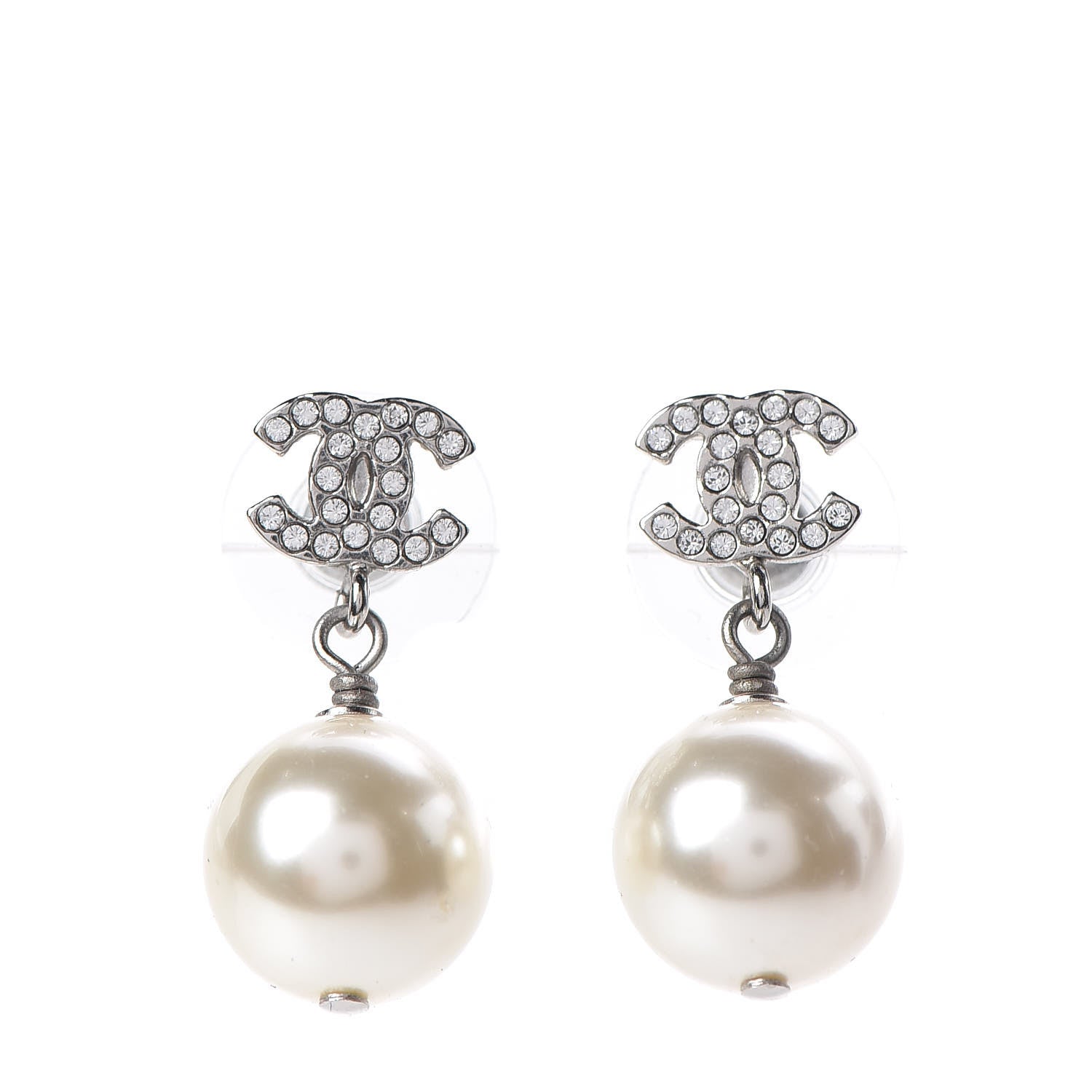 Chanel Crystal Pearl CC Drop Earrings Silver Pearly White 1 of 5
