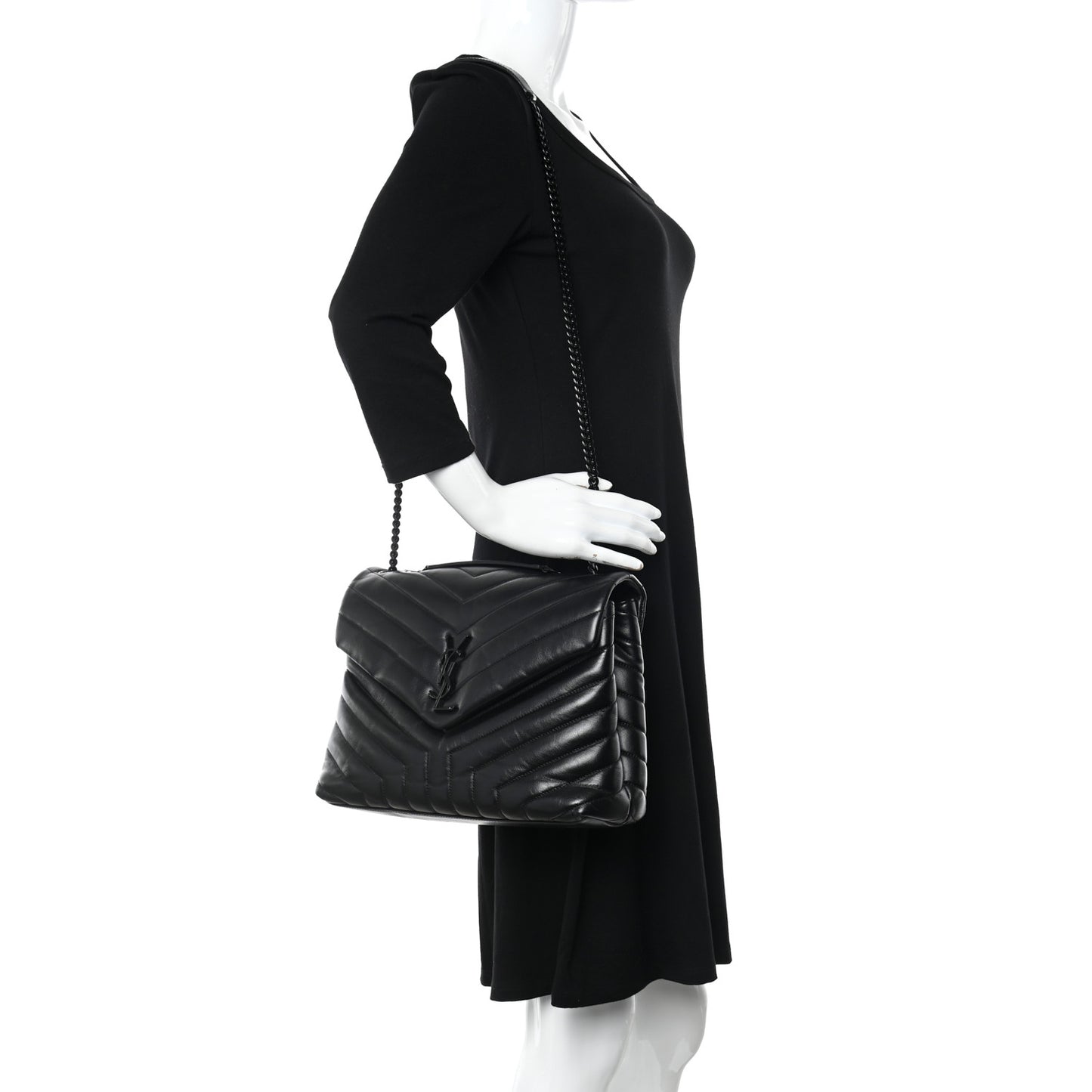 Calfskin Y Quilted Monogram Medium Loulou Chain Satchel Black