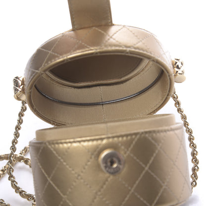 Chanel Metallic Lambskin Quilted Round Mini Vanity Case With Chain Gold 8 of 12