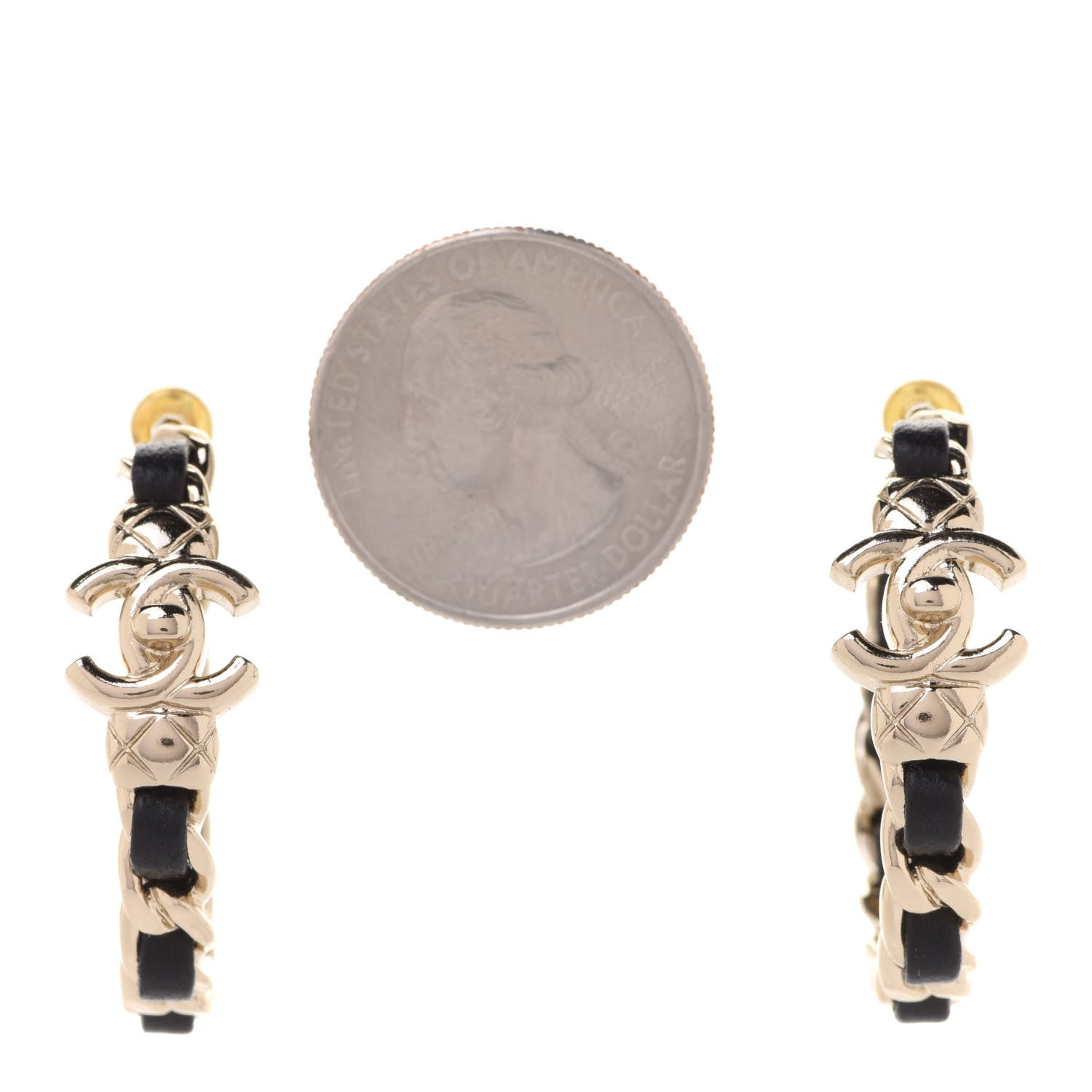 Chanel Metal Lambskin Quilted CC Turnlock Chain Hoop Earrings Gold Black 2 of 5