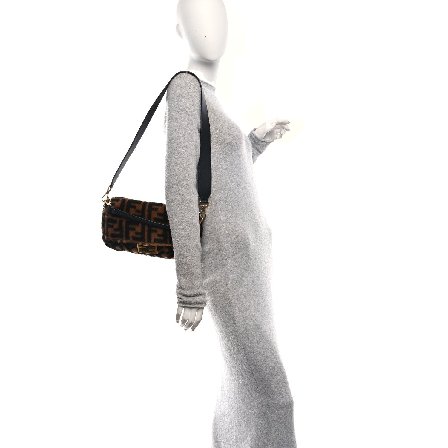 Fendi Shearling Vitello Dolce Macro FF 1974 Baguette Tobacco Black