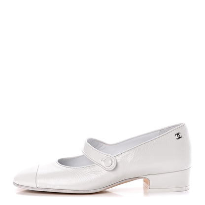 Chanel Patent Calfskin Mary Jane Strap Pumps 37.5 White 1 of 8