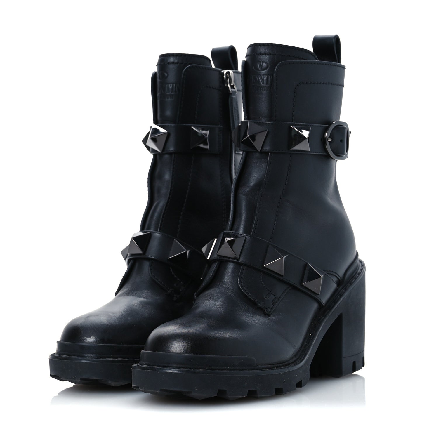 Calfskin Tonal Roman Stud Combat Boots 35.5 Black