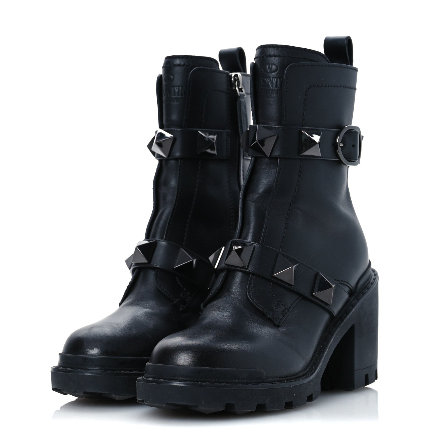 Valentino Garavani Calfskin Tonal Roman Stud Combat Boots 35.5 Black 4 of 14