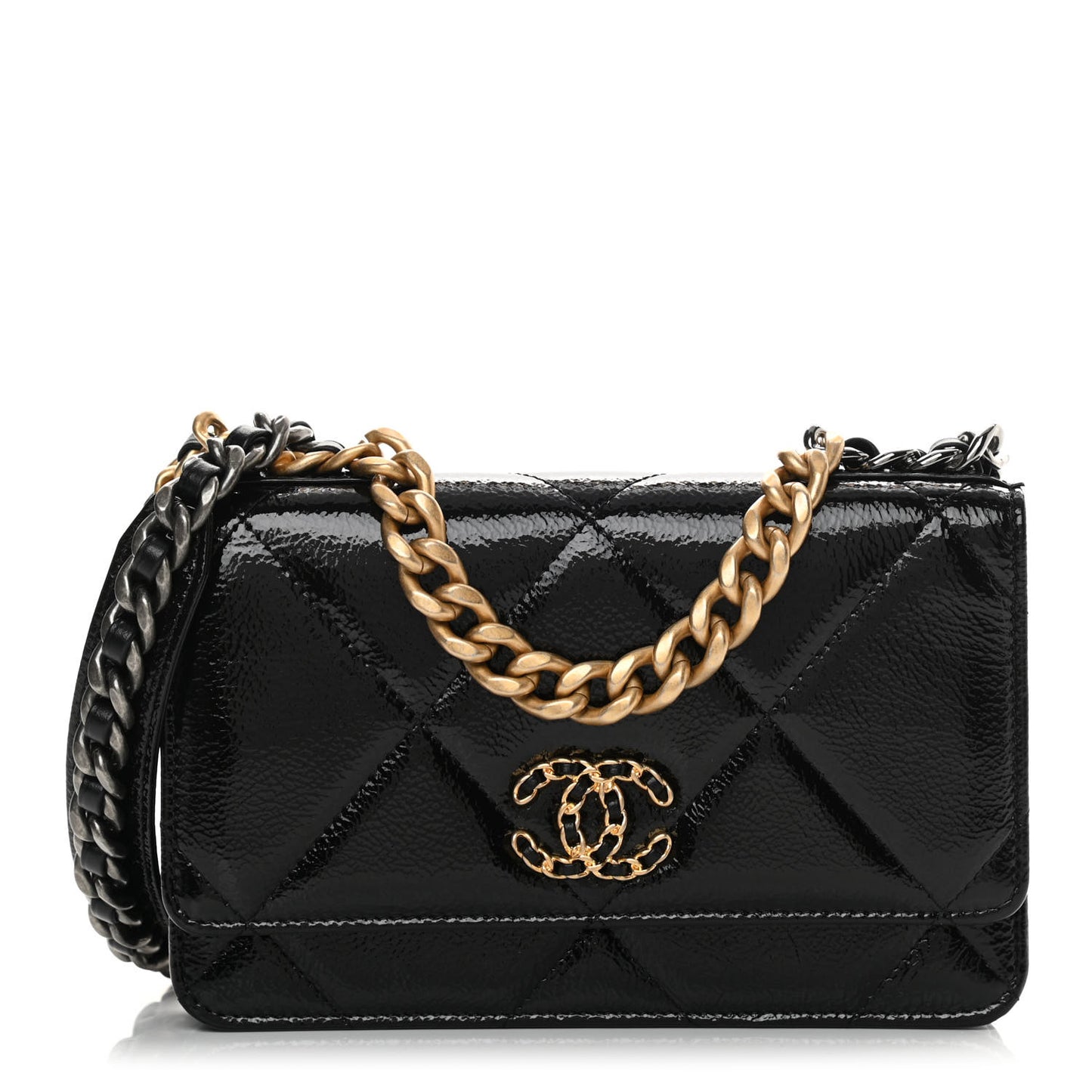 Shiny Crumpled Calfskin Quilted Chanel 19 Wallet On Chain WOC Black