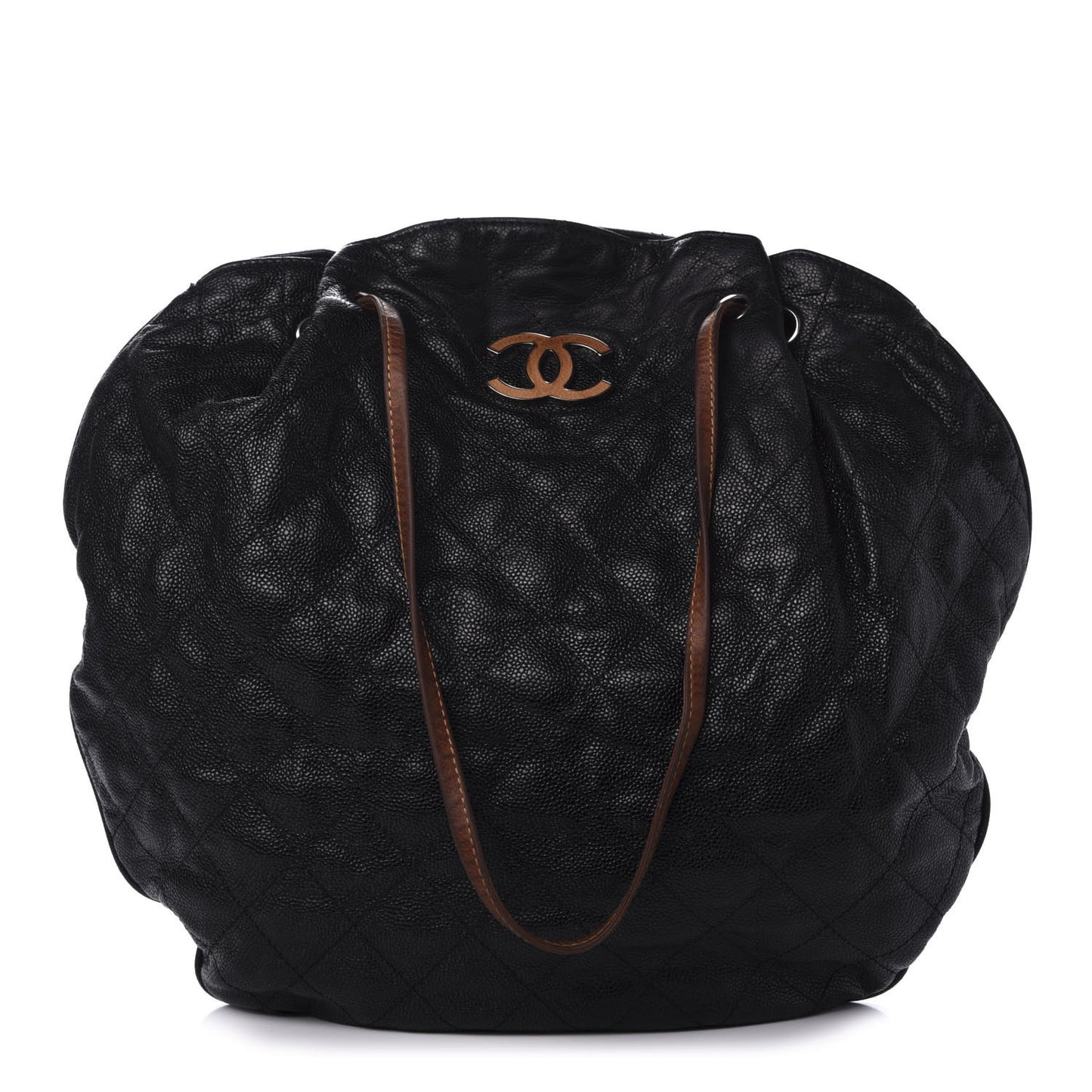 Crumpled Grained Calfskin Drawstring Tote Black